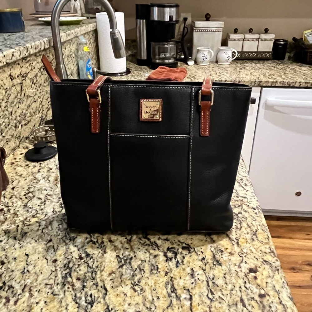 Dooney & Bourke Black Leather Tote with Brown Trim